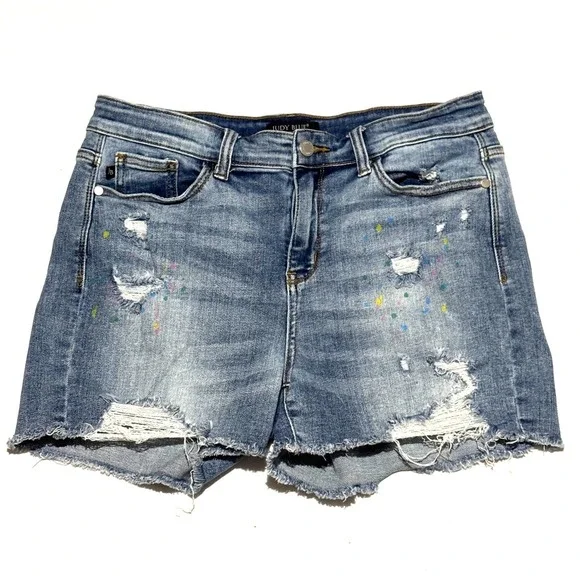 Judy Blue Womens Shorts Lg Distressed Denim Rainbow Paint Splatter Frayed Hem - Picture 2 of 10